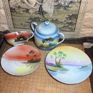 Hand Painted Meito Japan Plate 6 3/8”D Waterside, Cup Saucer Set, Sugar Bowl